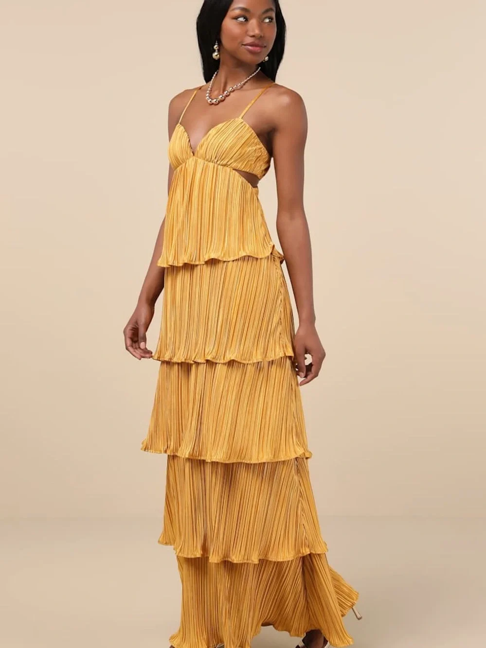 Lulu's Women’s Marigold Tiered Pleated Maxi Wedding Guest Dress Small - Picture 3 of 15